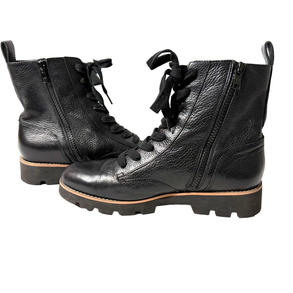 Vionic Lani Womens 7 Black Leather Combat Boots Lace Up Side Zip Lug Sole NWOB